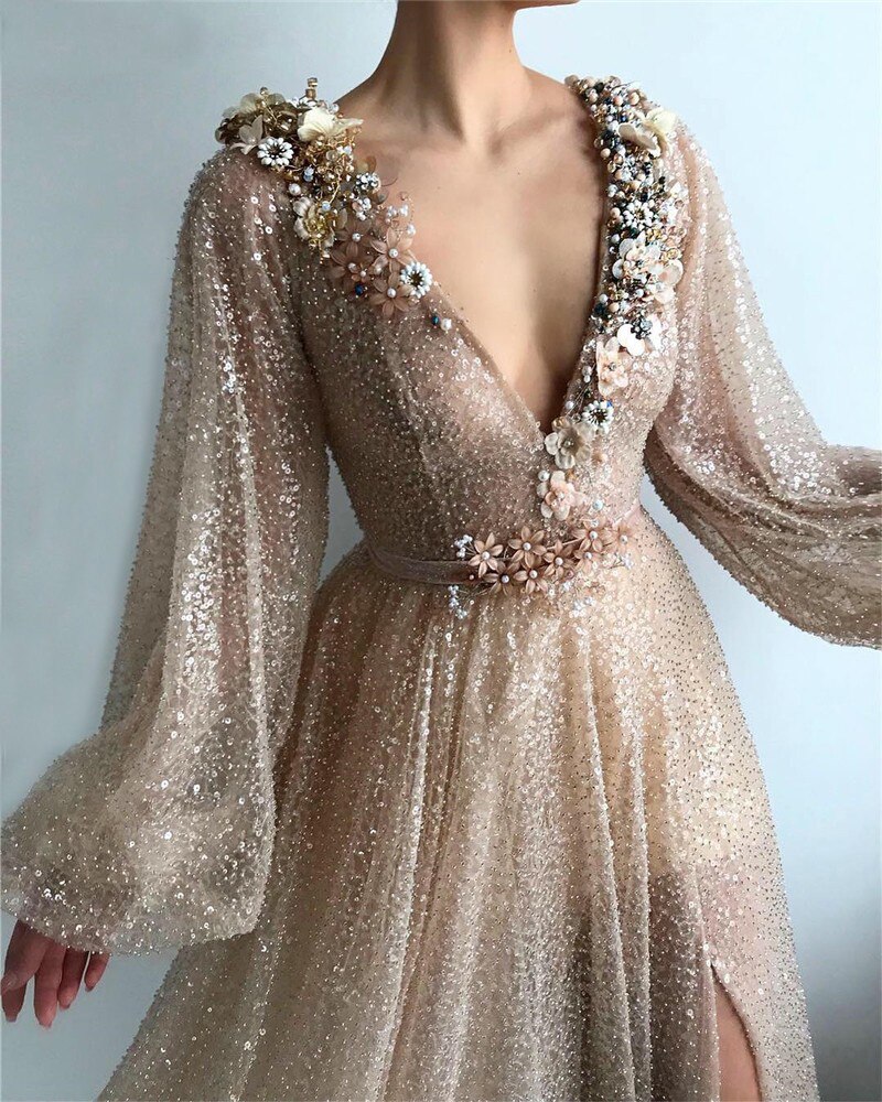 2021 무슬림 공식 파티 드레스 꽃 v 넥 스팽글 a 라인 두바이 아랍어 긴 소매 이브닝 드레스